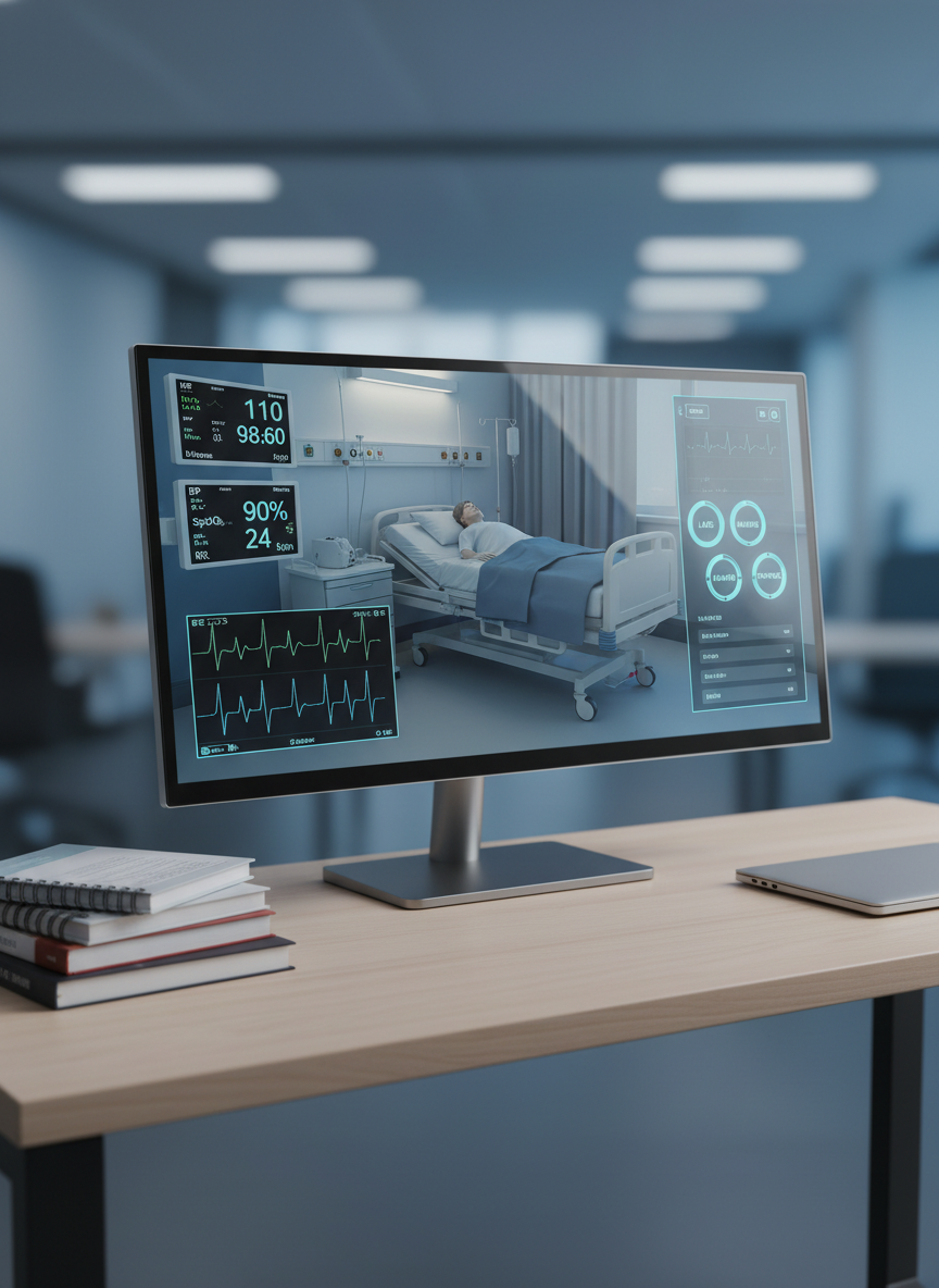 A high-fidelity 3D-rendered virtual patient room on a computer display, featuring a hospital bed, vital sign monitors showing fluctuating readings, and an interactive diagnostic panel with glowing buttons for labs, imaging, and exam findings. The screen is framed by a slim, modern bezel and placed on a clean, light-wood workstation with neatly stacked clinical guidelines and a closed laptop nearby. Soft, cool-toned overhead lighting reflects subtly off the monitor’s surface, while the background remains tastefully out of focus. Photographic realism with a slightly elevated angle conveys an immersive, high-tech, and organized learning environment for emergency medicine simulation.