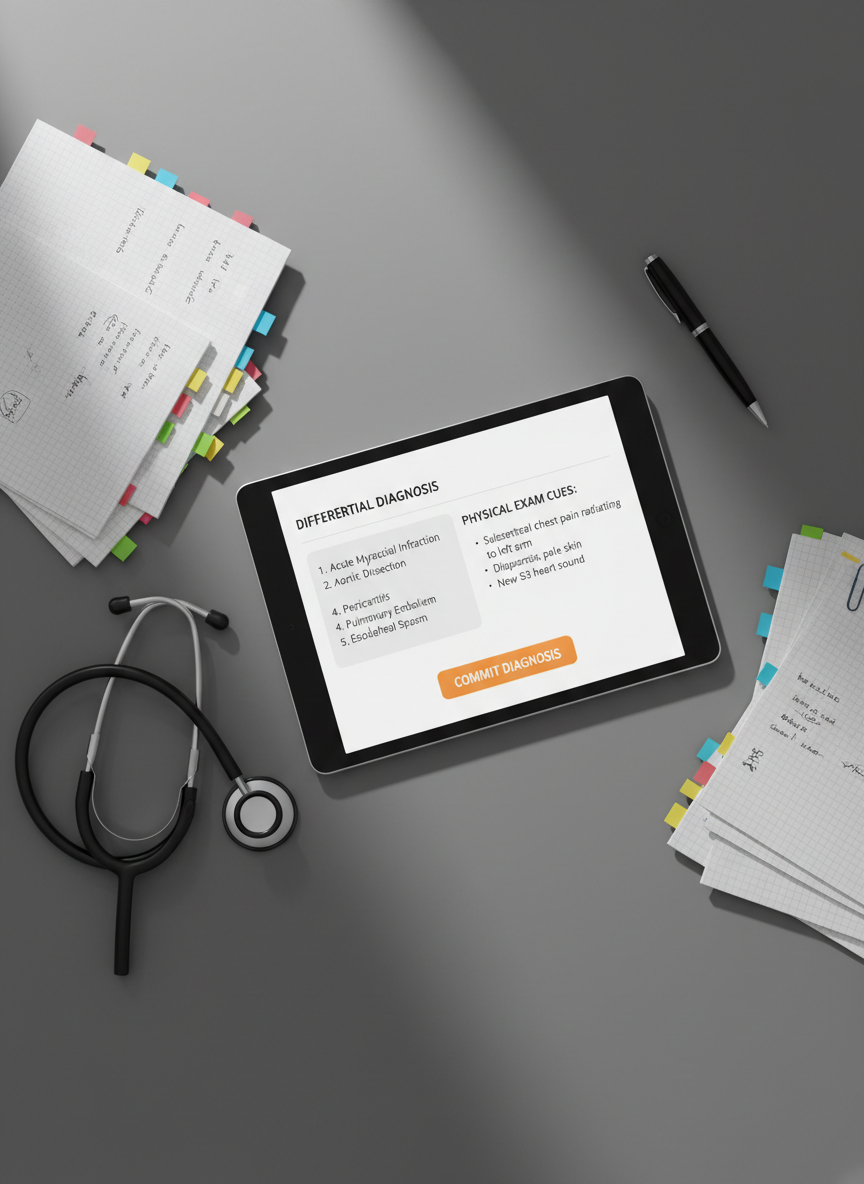 A tablet device lying on a smooth, slate-gray table, its screen showing a paused emergency simulation scenario: a structured differential diagnosis list, key physical exam cues, and a prominent “Commit Diagnosis” button glowing softly. Around the tablet are neatly arranged study notes with color-coded tabs, a stethoscope folded carefully, and a pen resting at a diagonal. Natural, diffused daylight from an unseen window creates gentle highlights on the tablet’s glass and soft shadows from the objects, evoking a quiet, focused study session. Photographic realism with an overhead, flat-lay composition emphasizes clarity, organization, and the transition from passive reading to active reasoning practice.