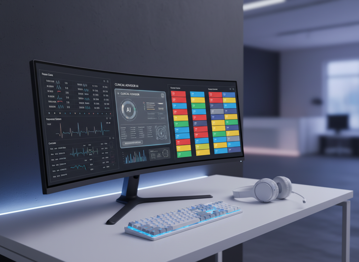 A sleek virtual emergency department command center displayed on an ultra-wide, matte-finished monitor, showing a detailed digital dashboard of patient cases as color-coded tiles, vitals streaming in real time, and a central AI consultant panel analyzing decisions. The monitor sits on a minimalist white desk with a backlit mechanical keyboard and noise-cancelling headset resting beside it. Cool, diffused LED lighting from a light strip behind the desk creates a soft halo on a charcoal wall, while the rest of the room fades into gentle blur. Photographic realism, eye-level composition, and a shallow depth of field emphasize clarity, focus, and a calm yet high-stakes clinical atmosphere.