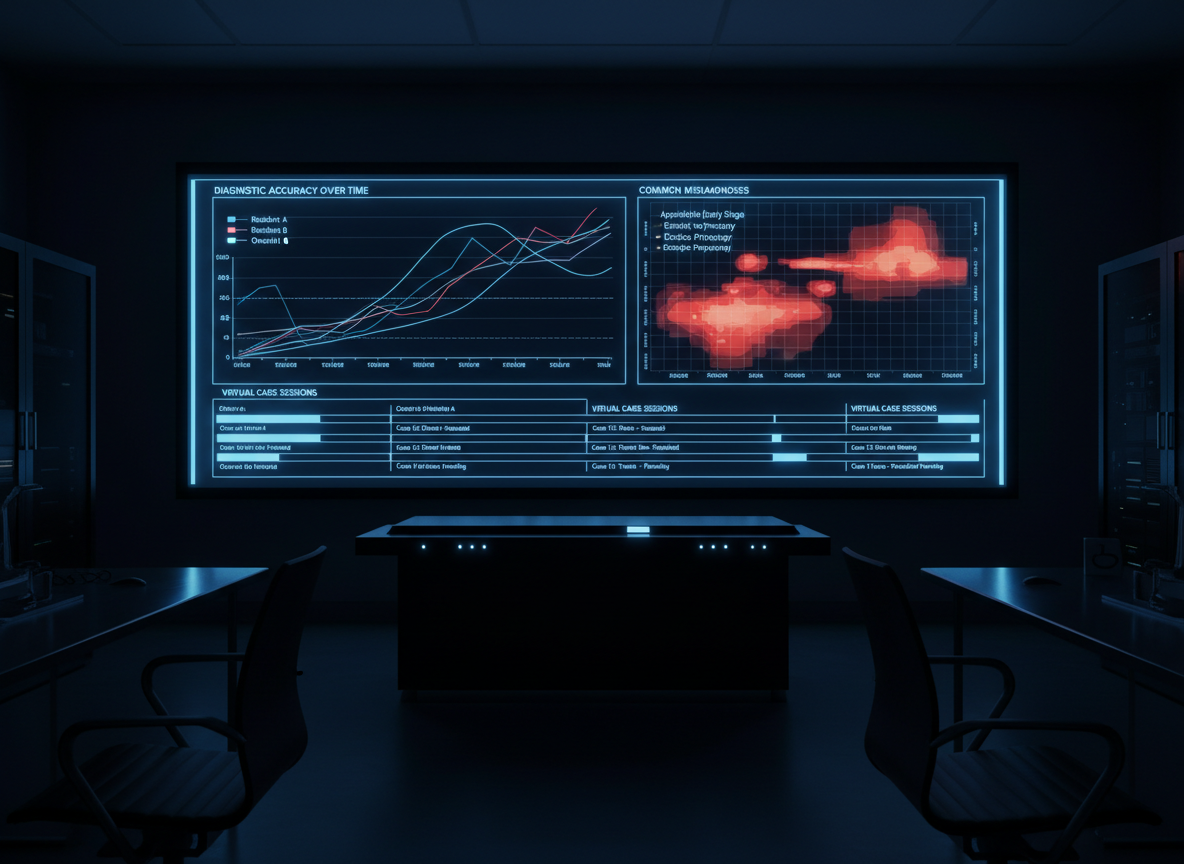 A large wall-mounted display in a dim, modern workspace showing an AI-powered emergency department analytics board: graphs of diagnostic accuracy over time, heatmaps of common misdiagnoses, and session timelines for multiple virtual cases. Below the screen, a sleek black console with subtle indicator lights hums quietly. The room is lit mainly by the cool glow of the display, casting soft blue reflections on nearby metallic surfaces and creating a cinematic, data-driven atmosphere. Photographic realism, wide-angle shot, and strong contrast between illuminated data and dark surroundings convey the power of AI feedback and performance tracking in clinical education.