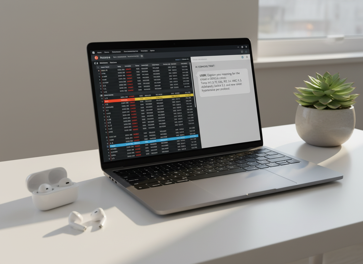 A split-screen laptop display on a tidy white desk, one side showing a richly detailed virtual ED tracking board with patient initials, acuity levels, and wait times, the other side an AI chat-style consultant window dissecting the logic behind a recent diagnostic choice. A pair of slim, wireless earbuds rests in an open case beside the laptop, and a small potted plant adds a touch of green at the edge of the frame. Soft afternoon light filters in from the left, producing gentle shadows and a calm yet intellectually charged atmosphere. Photographic realism, eye-level composition, and moderate depth of field highlight the interplay between workflow management and reflective reasoning.