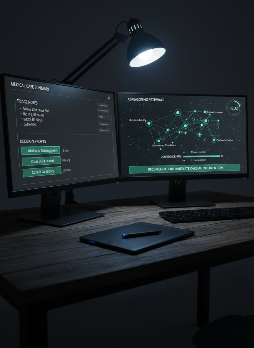 A close-up, photographic realistic view of a dual-monitor setup on a dark, textured desk, one screen showing a structured digital case summary with triage notes and timed decision prompts, the other displaying an AI consultant interface with highlighted reasoning pathways and confidence bars. A stylus tablet rests between the monitors, and a small digital clock in the corner counts down, adding urgency. The scene is lit by a single, cool-toned desk lamp that casts focused light across the workspace, leaving the edges in soft shadow. Shot from a three-quarter angle with shallow depth of field, the mood is intense yet controlled, underscoring active clinical decision-making under time pressure.